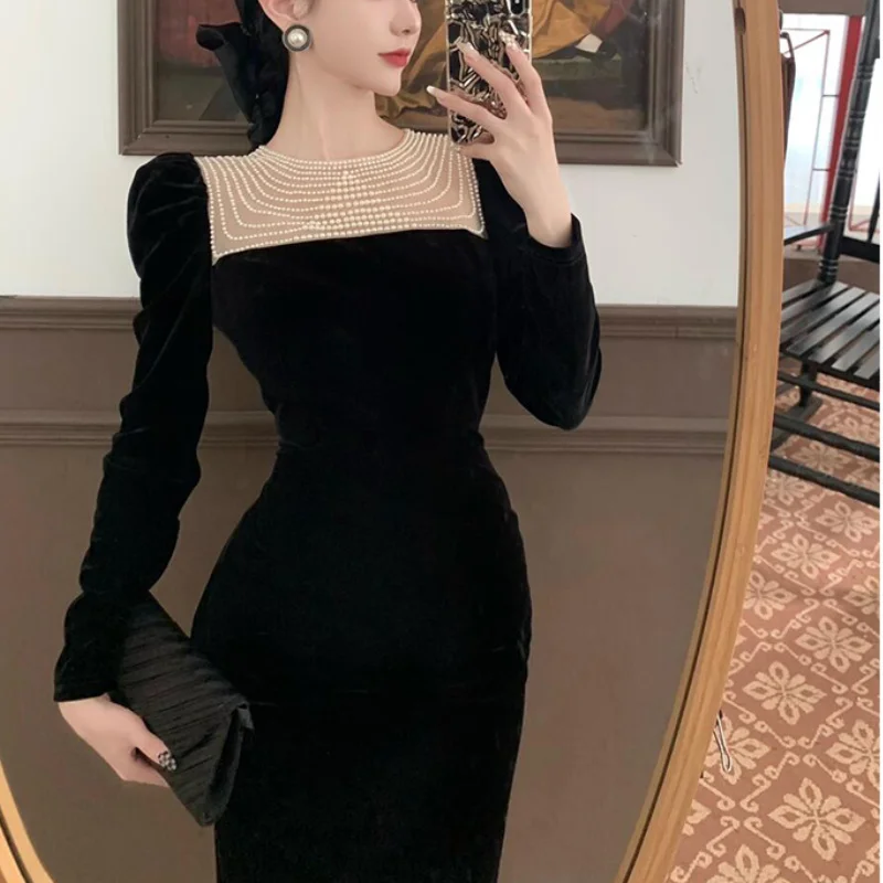 

Черное элегантное вечернее платье миди, женское французское винтажное бархатное платье, женское корейское модное шикарное платье, осень 2023