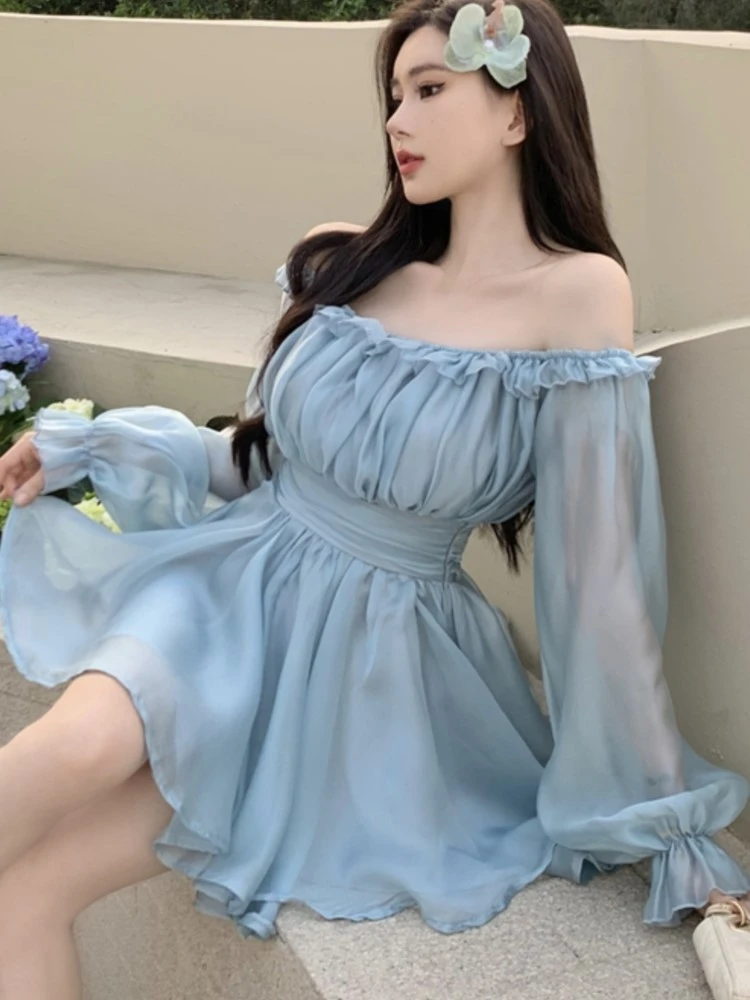 Однотонное короткое платье Y2K с открытыми плечами Сетчатое платье-трапеция