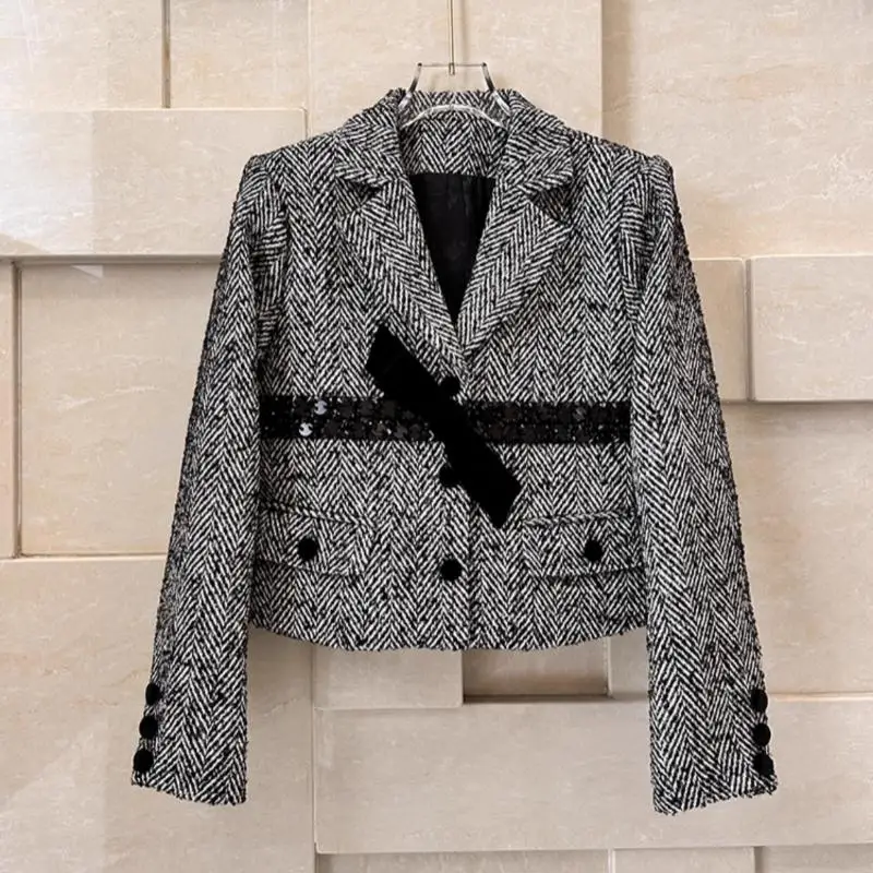 

Женское Короткое шерстяное пальто, облегающий простой элегантный короткий жакет с узкими заклепками и бантом