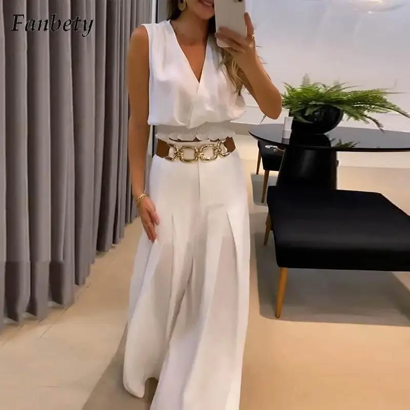 

Женский однотонный комплект из 2 предметов, элегантный топ без рукавов с V-образным вырезом и брюки с широкими штанинами и высокой талией, по...