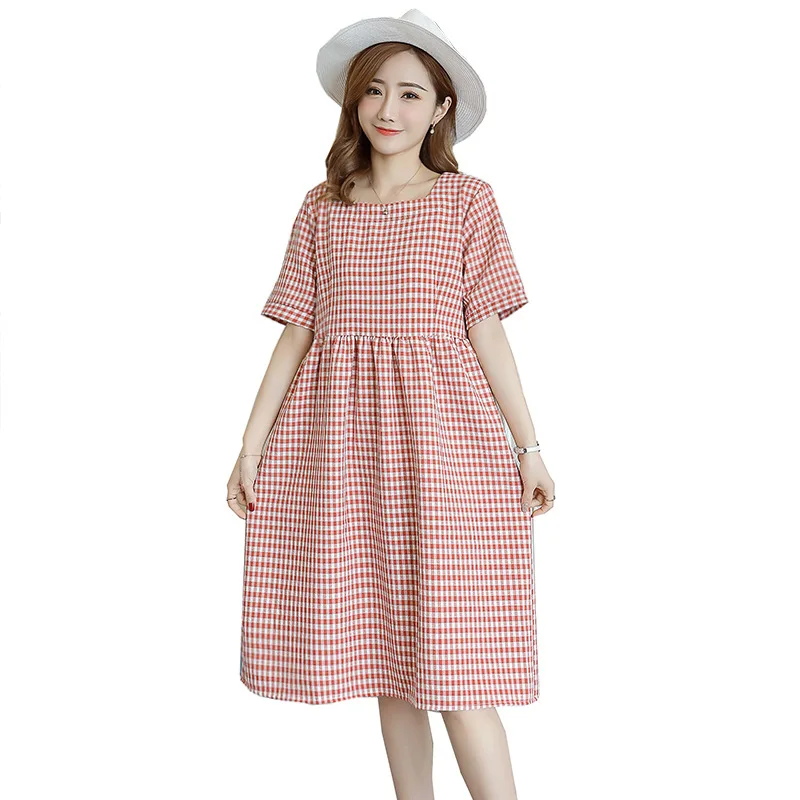 

Summer Pregnant Women Dresses Plaid Square Collar Short Sleeve Maternity Clothes Korean A-line Loose Pregnancy Dress New