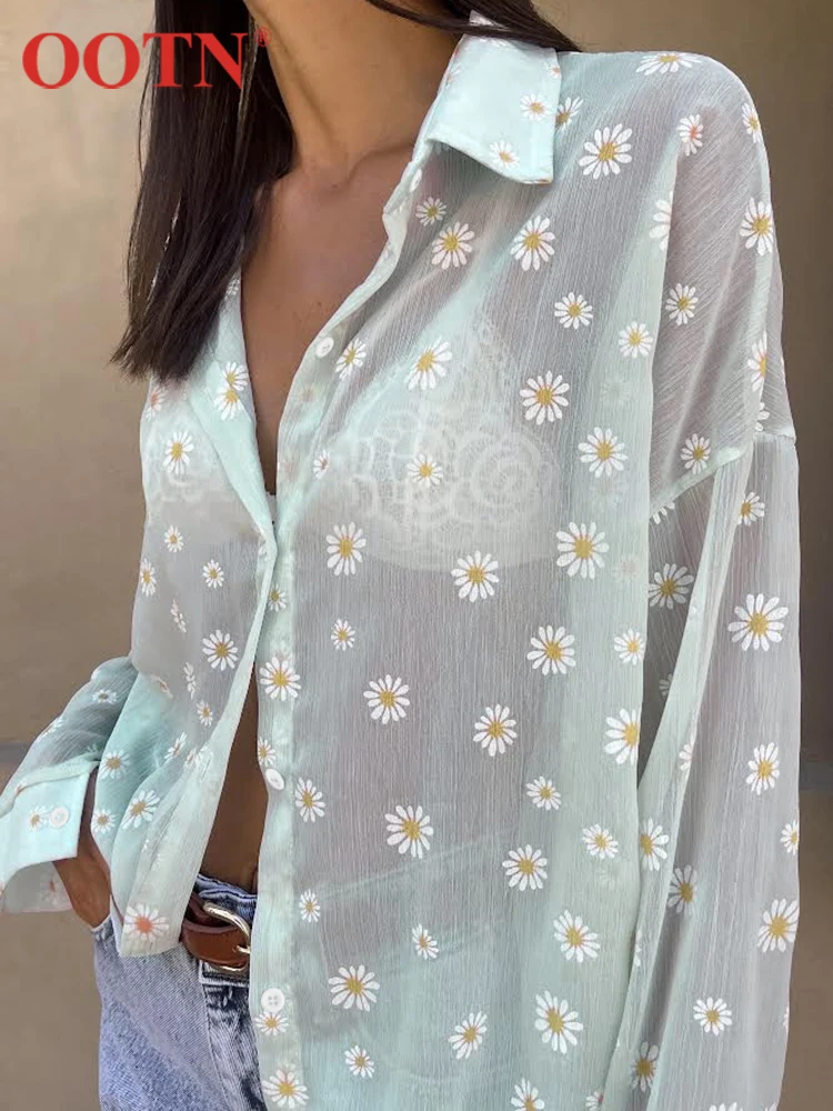 

OOTN Summer Thin Print Blouse Woman Lapel Loose Flowers Button Up Shirts For Women Long Sleeve Pleated Streetwear Outing Blusa