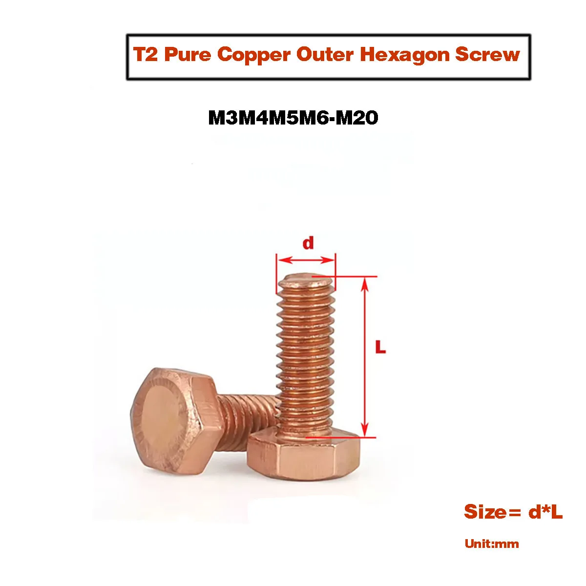 

T2 Чистая медь Внешний шестигранный винт Проводящий красный медный фиолетовый медный болт проводимости M3 M4 M5 M6 M8 M10 M12 M16