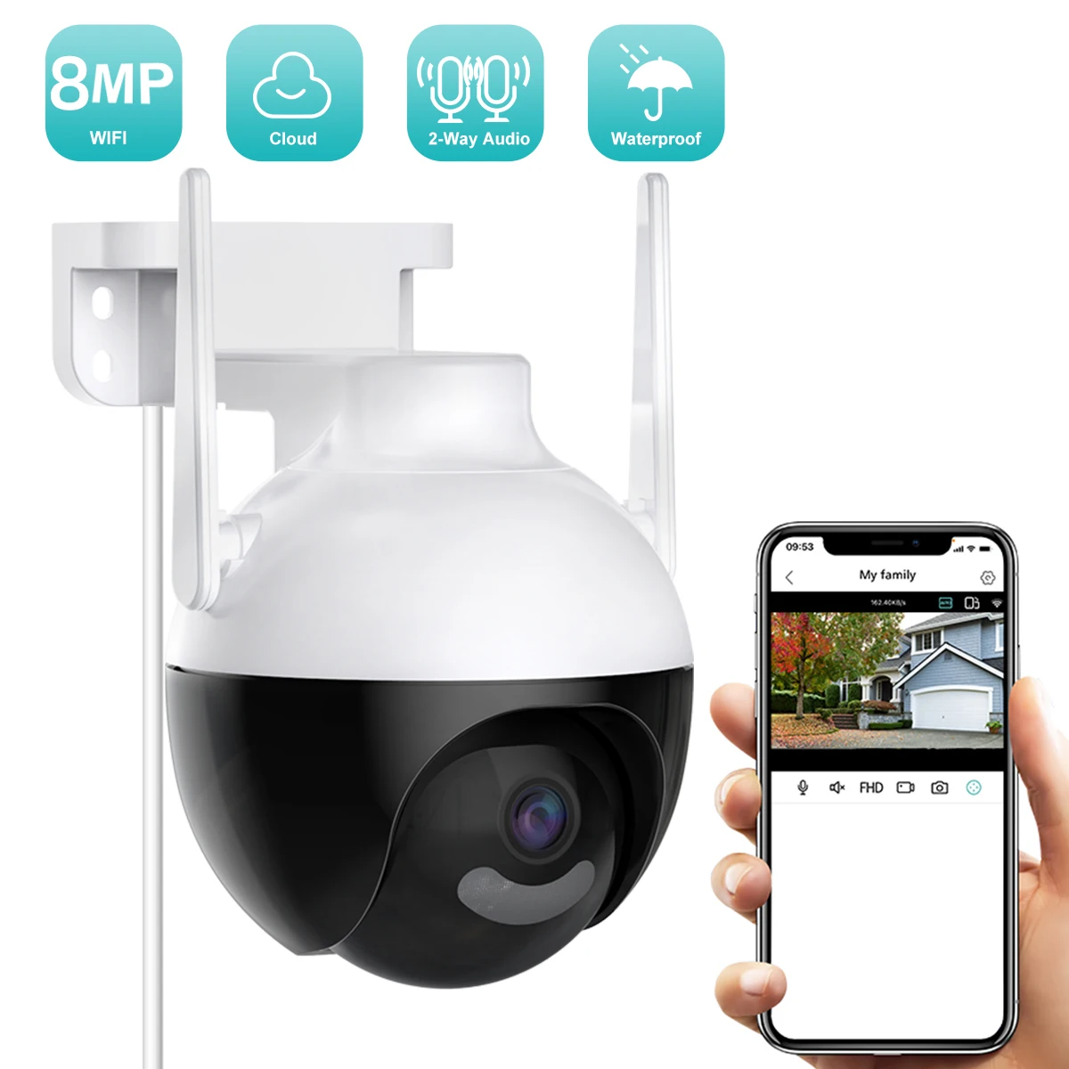 

8MP WiFi Camera PTZ 2K Waterproof Surveillance Security Camera Outdoor Color Night Vision AI Human Detect Auto Track 2 Way Talk