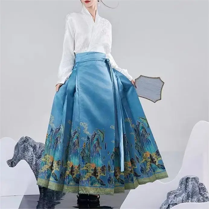 Элегантная синяя юбка с принтом династии Мин Высококачественная китайская