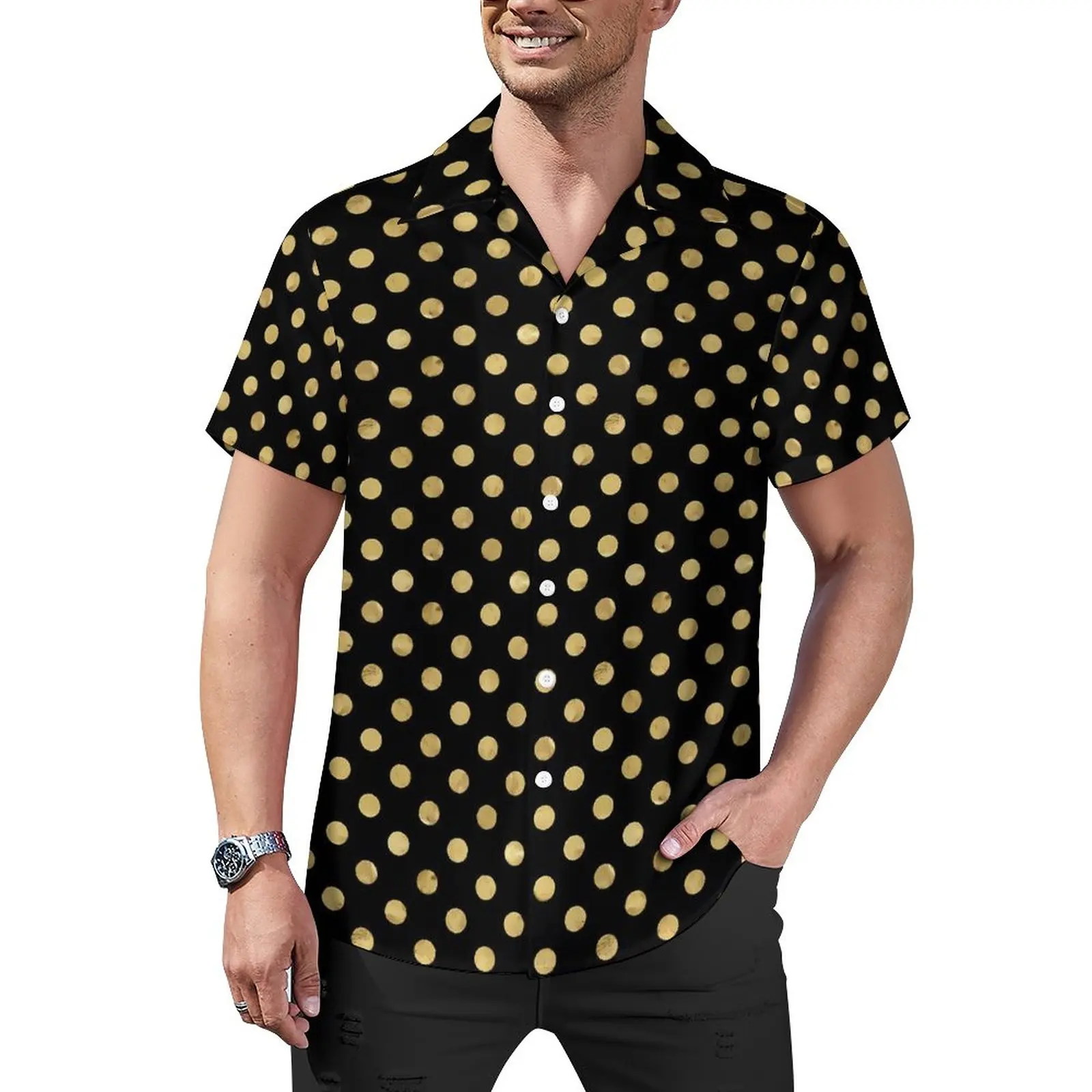 

Gold Dot Casual Shirts Elegant Polka Dots Vacation Shirt Hawaii Trendy Blouses Male Graphic Plus Size 4XL