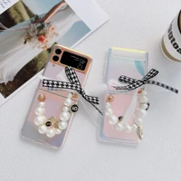 fashion pearl hand chain phone case for samsung galaxy zflip 3 5g bracelet clear shockproof cover for galaxy z flip coque etui