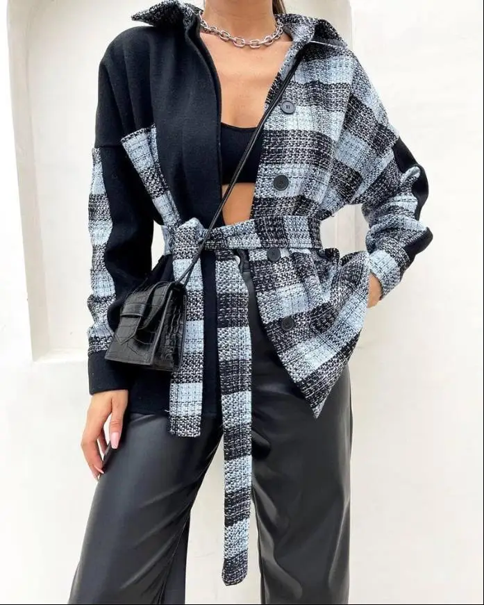

Jackets for Women 2022 Autumn Fashion Plaid Print Colorblock Button Front Casual Turn-Down Collar Long Sleeve Shacket with Belt