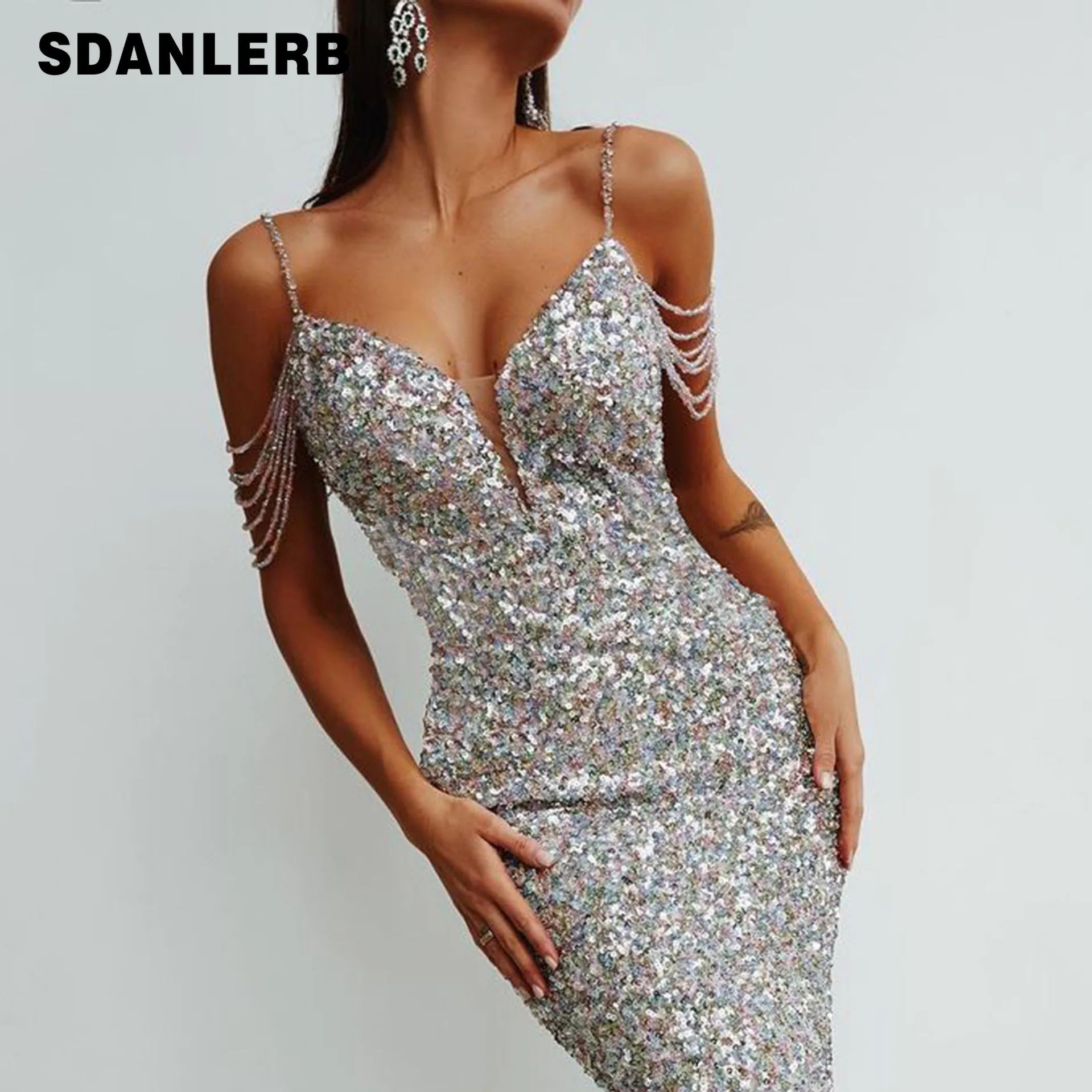 

2022 New Fashionable Sequins Sexy Dress Women Slimming Short Bandage Party Strap Dress Women's Elegant Midi Evening Dresses