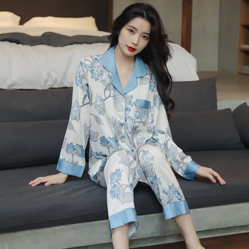 

Women Print Chinese Pajamas Sets 2PCS Sexy Notched Suit Shirts Pyjamas M-XXL Sleepwear Spring Summer Nightwear Casual Home Wear