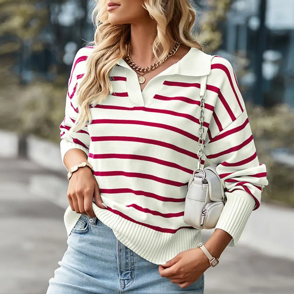 

V Neck Women Striped Knitwear Lapel Long Sleeves Loose Fit Autumn Winter Stripe Print Loose Pullover Sweater Female Clothing