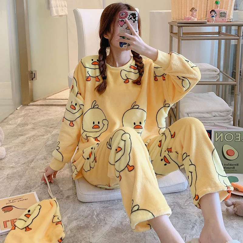 Autumn Winter Warm Flannel Women Pyjamas Sets Thick Coral Velvet Long Sleeve Cartoon Sleepwear Flannel Pajamas Set Girl