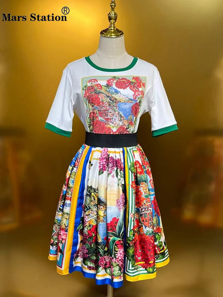 Женский вязаный комплект из двух предметов с винтажным принтом пейзажа