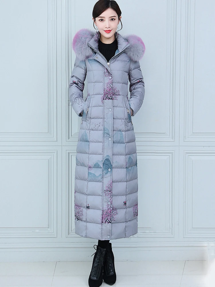 New Women Thicken Warm Down Coat Winter Fashion Real Fox Fur Collar Landscape Print Lengthened Down Jacket Slim Overcoat Female