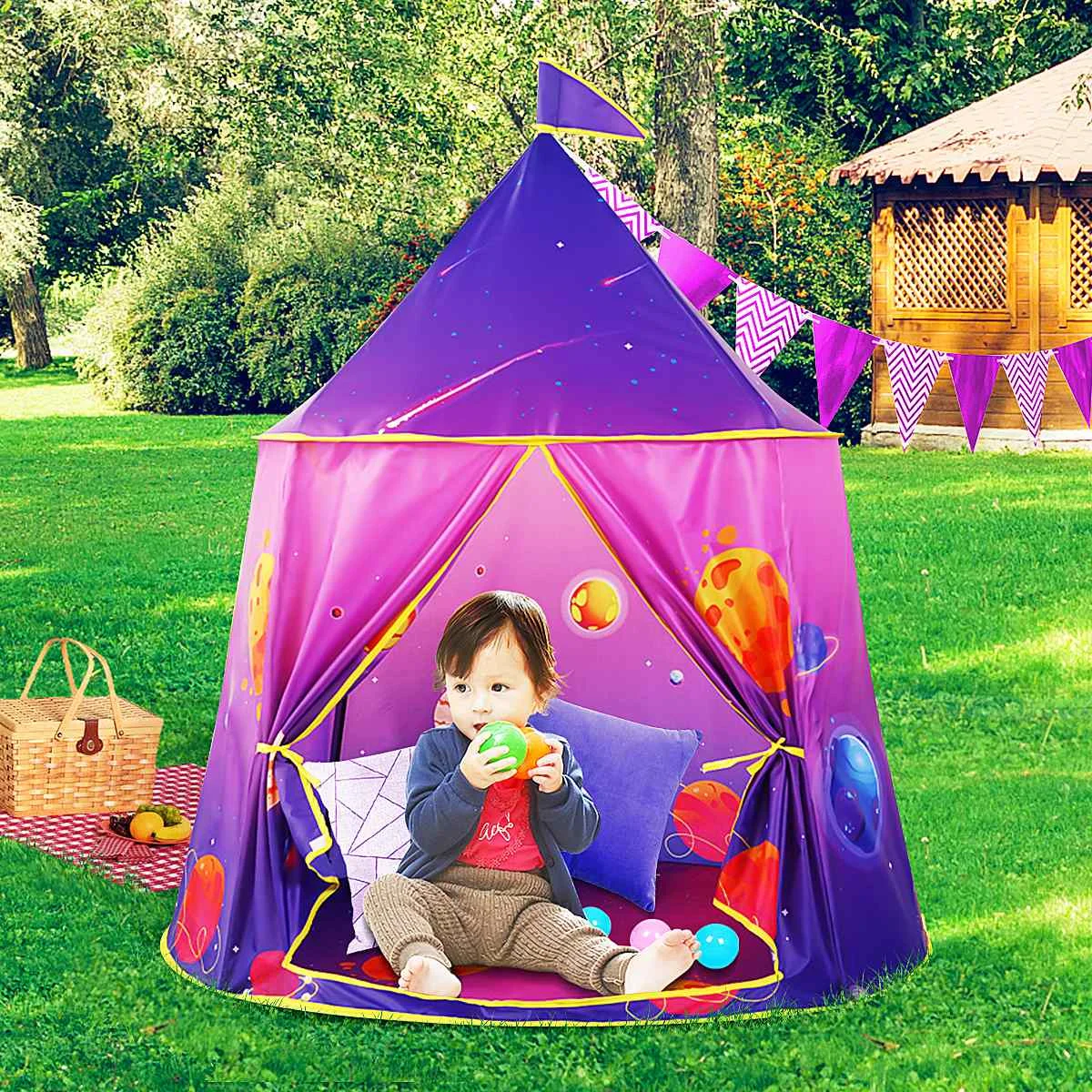 

Foldable Indoor Outdoor Crawling Playhouse Dollhouse Yurt Tent Popup Kids Play Tent Space Galaxy Children with Storage Carry Bag