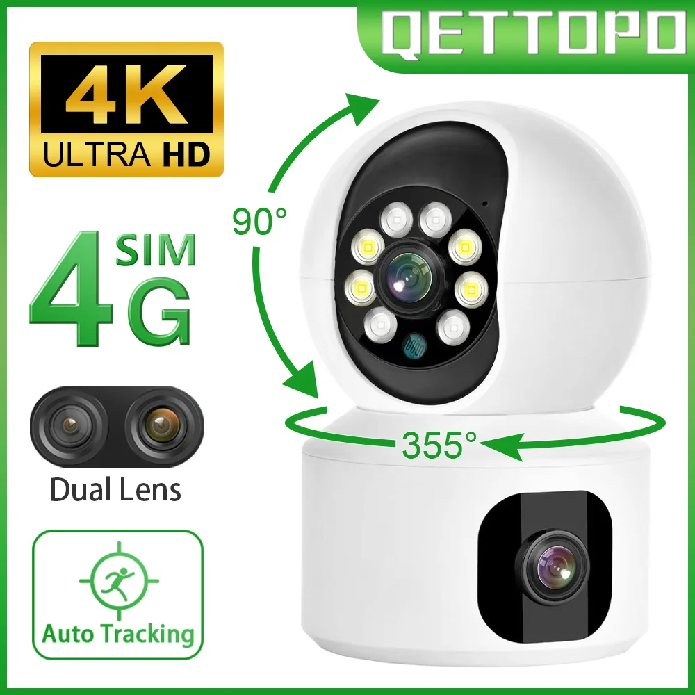 

Qettopo 4K двойной объектив 4G PTZ камера Wi-Fi двойной экран Радионяня ИИ датчик человеческого отслеживания Домашняя безопасность видеонаблюдения V380