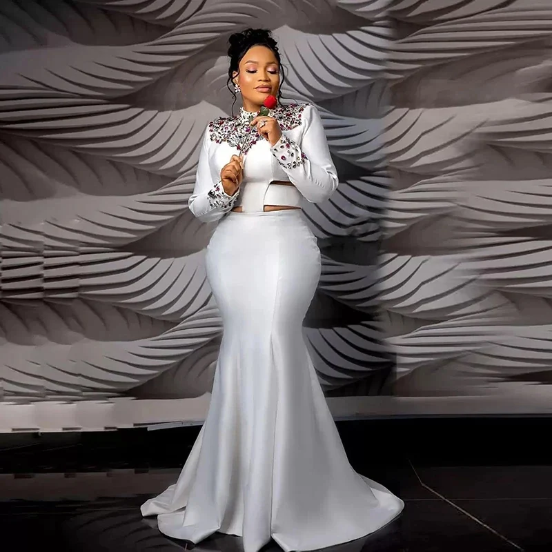 

White Women Evening Dress Satin Long Sleeve Sweep Train Colorful Crystal Special Occasion Party Dresses High-Neck Vestidos