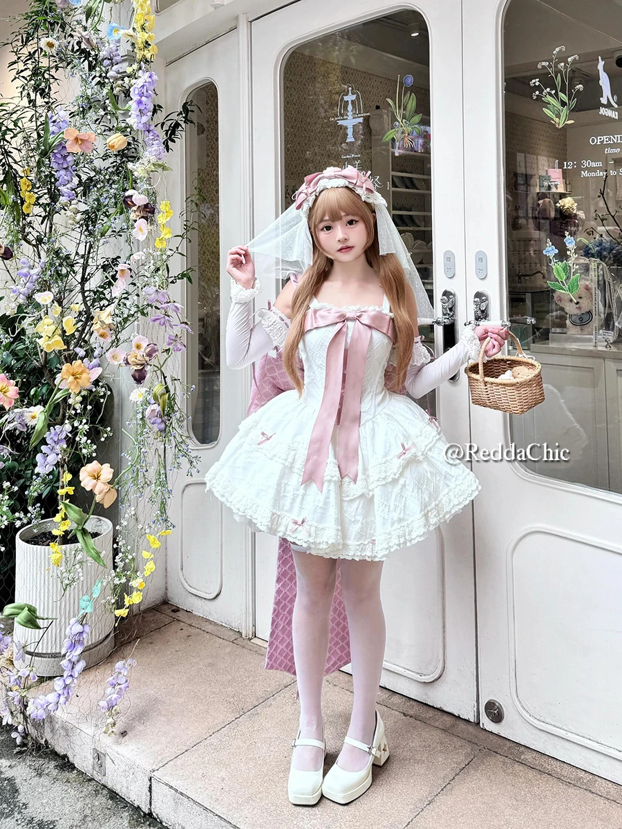 Женский жаккардовый комплект мини-платья REDDACHiC Kawaii с кружевной отделкой бантом