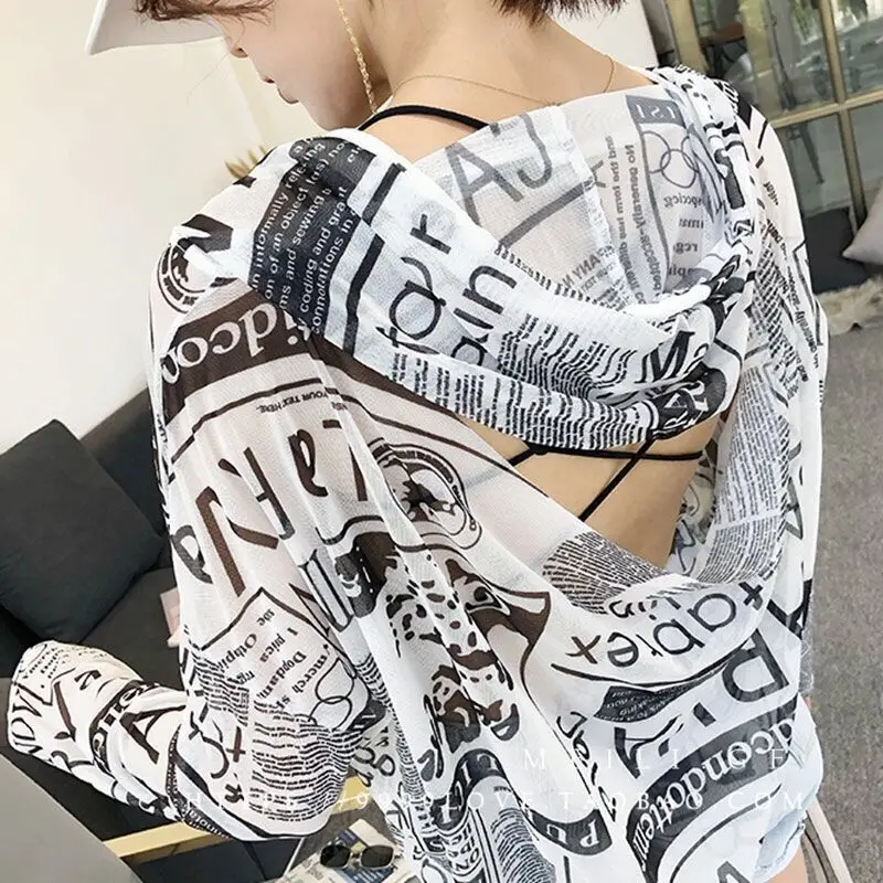 

Korean Chic Female Hollow Out Backless Thin Sunscreen Clothing Y2k Summer Casual Loose Hoodies Printed T-shirt Women's Clothing