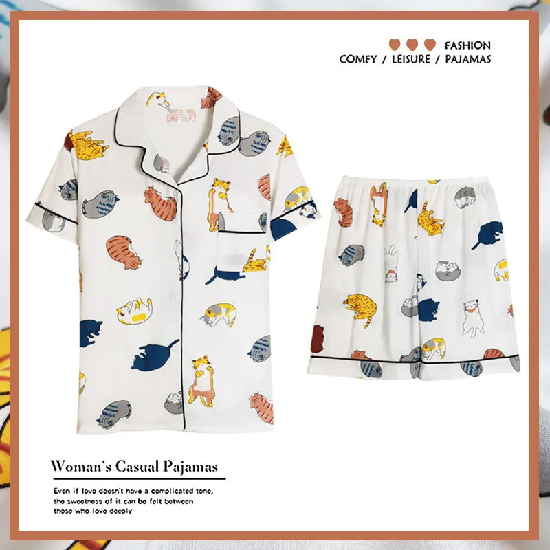 Women's Sleepwear Set Cute Print Short Set Pajamas for Women Cotton Pajama Set Sweet Short Sleeve Top & Shorts Summer Pijamas