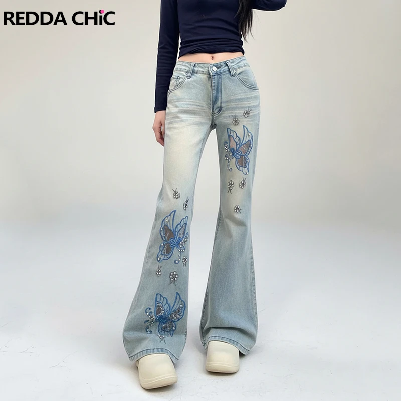 Фото Женские джинсы REDDACHiC с вышивкой в виде бабочек, расклешенные, с блестками и стразами, облегающие, с низкой талией, новые, в стиле Y2K, уличная мода №1