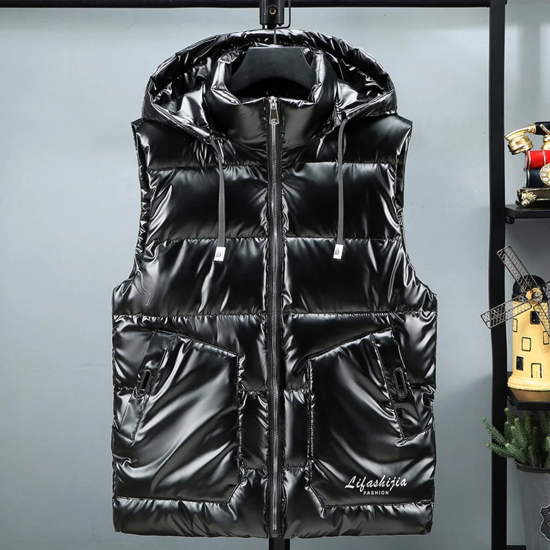 

Autumn Winter Men's Vest Casual Thick Warm Sleeveless Jackets Men Hooded Solid Color Zipper Sleeveless Downjacket With Pockets