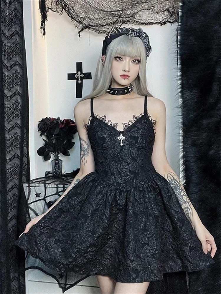 

Dark Halloween Lace Dress Harajuku Vintage Sexy Punk Grunge Y2K Dress 2022 Fall New Women's Dress Elegant Chic Women Dresses Emo