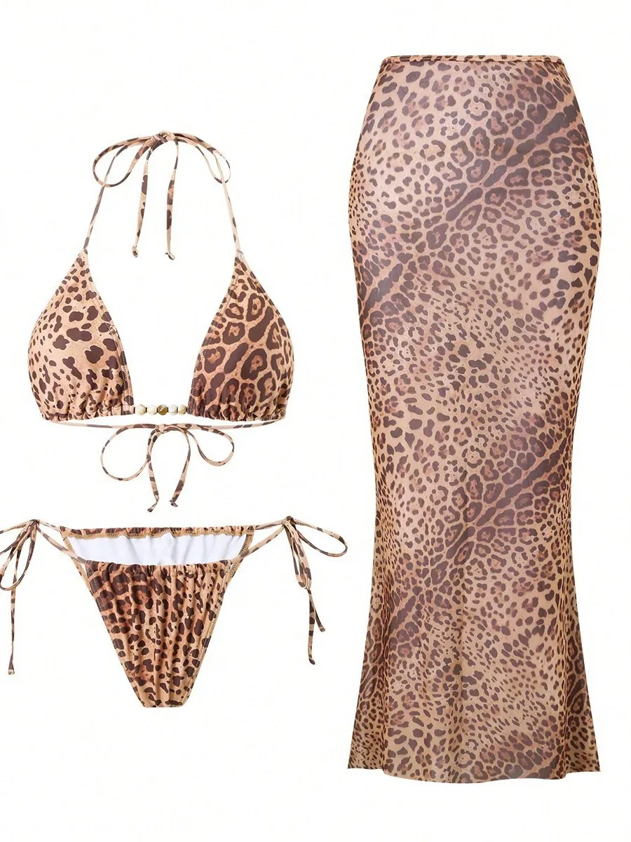 Фото Новый комплект бикини Leopard 3Pc 2026: сексуальный женский купальник с вырезами, сетчатое платье, бикини-стринги, купальный костюм №3