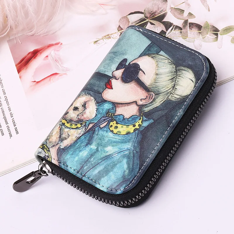 Certificate bag, credit card clip, zipper, zero wallet, cartoon, creative character, printed card bag, large capacity for women