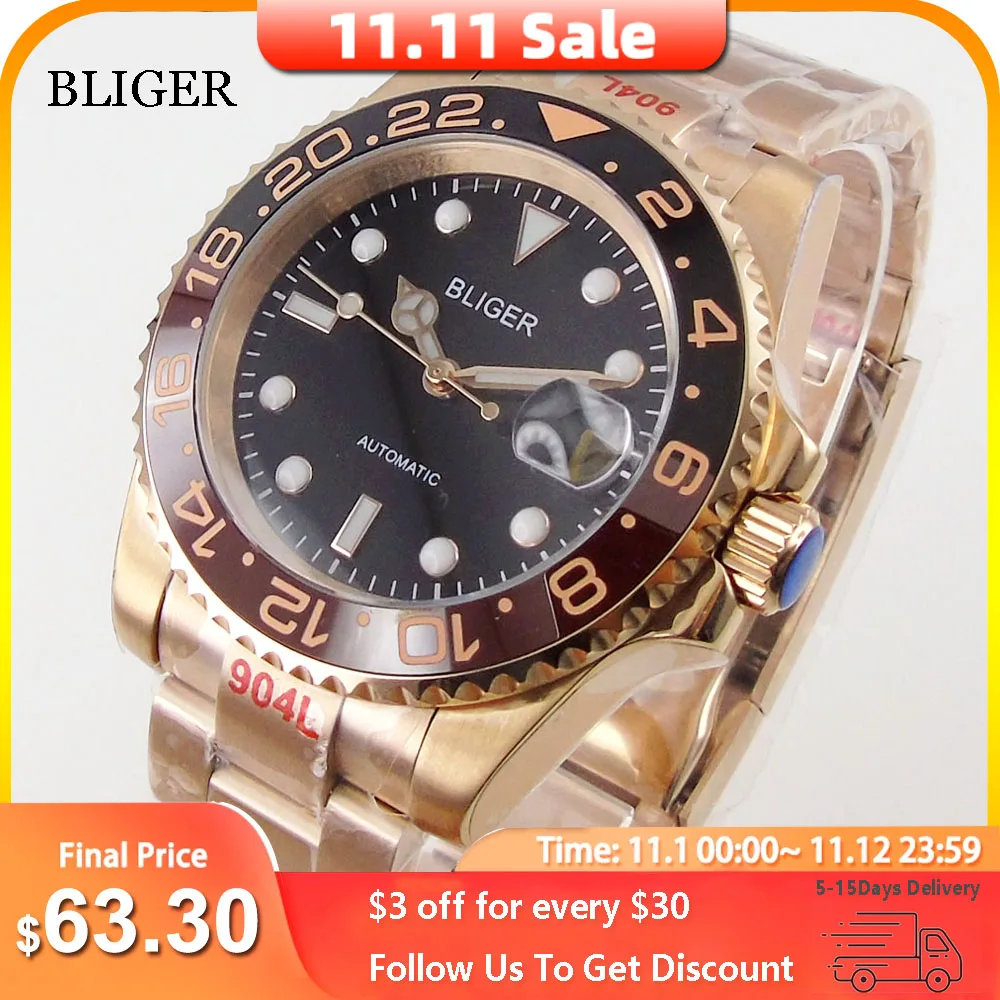 Pаспродажа Часы наручные BLIGER мужские с автоподзаводом, брендовые полностью покрытые розовым золотом, NH35A MIYOTA, с вкладышами в виде устриц, с Т-образной з...