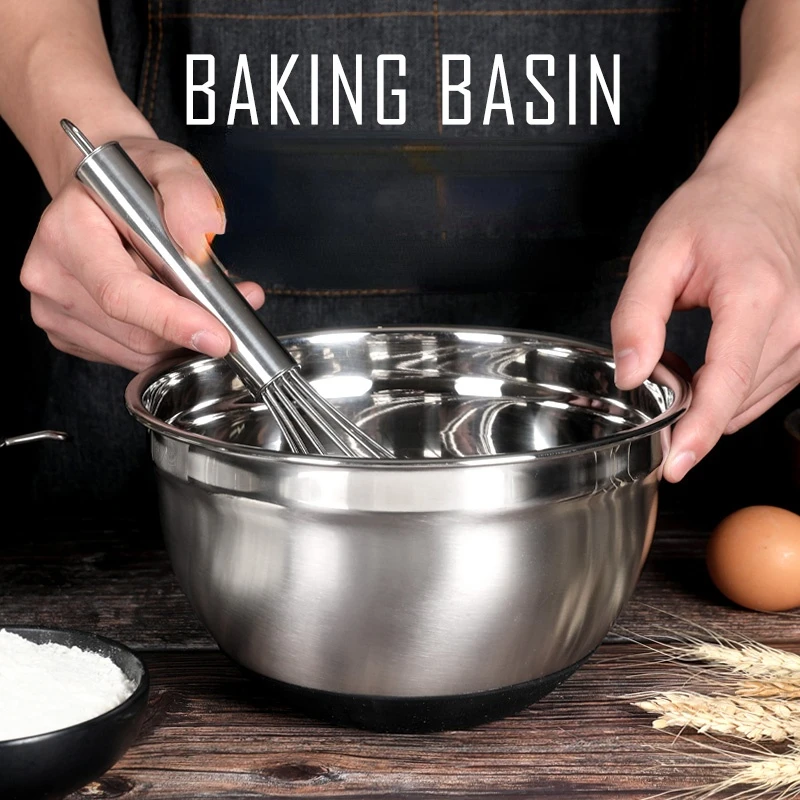 

20cm Stainless Steel Mixing Bowl With Lid Home Kitchen Egg Mixer Salad Bowls Non-slip Silicone Bottom Food Storage Bowl Set