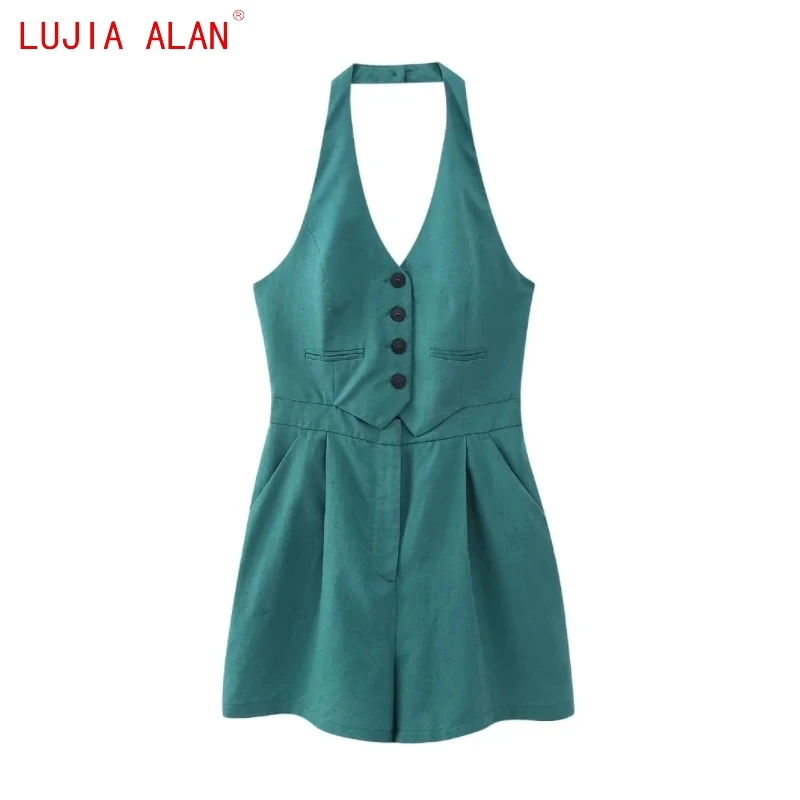 

Autumn New Women's Linen Blend Halter Vest Siamese Shorts Casual Female V-neck Loose Jumpsuits LUJIA ALAN P5102