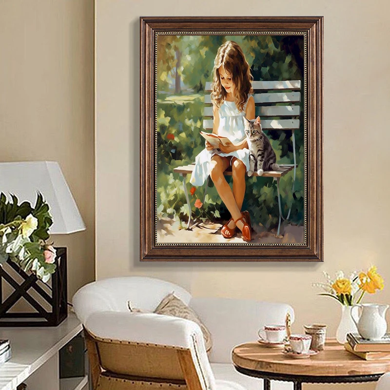 

RUOPOTY Painting By Numbers For Adults Kits Park bench little girl and cat reading Hand Painting Figure For Home Decor