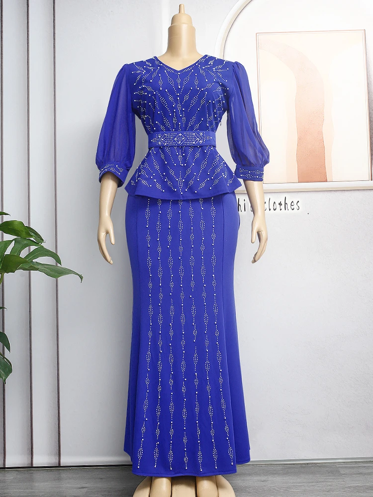Elegant Women Dress Sets Luxury Beaded Long Sleeve Ruffle Tops and Mermaid Skirt Vintage Retro Birthday Evening 2 Piece Outfits
