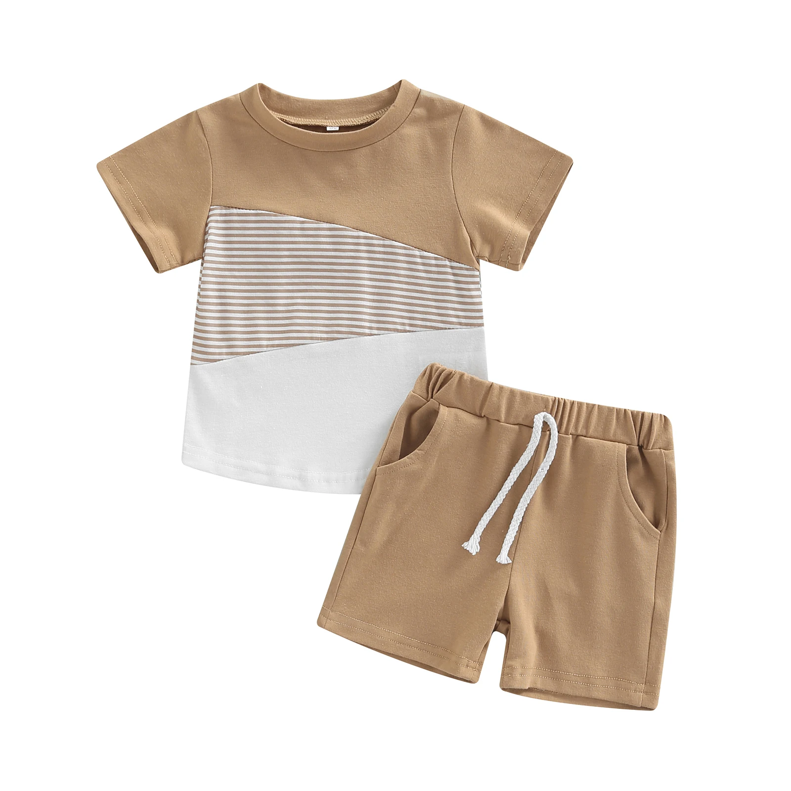 2022-05-23 Lioraitiin 0-4Years Baby Boys 2PCS Pants Suit Short Sleeve Patchwork Crew Tees White Straps Short Pants