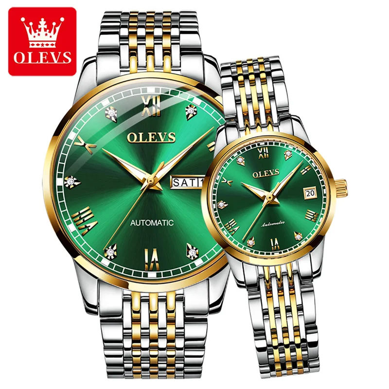 OLEVS Luxury Brand Couple Watch For Women Men Stainless Steel Waterproof Date Luminous Automatic Mechanical Wristwatch Lovers