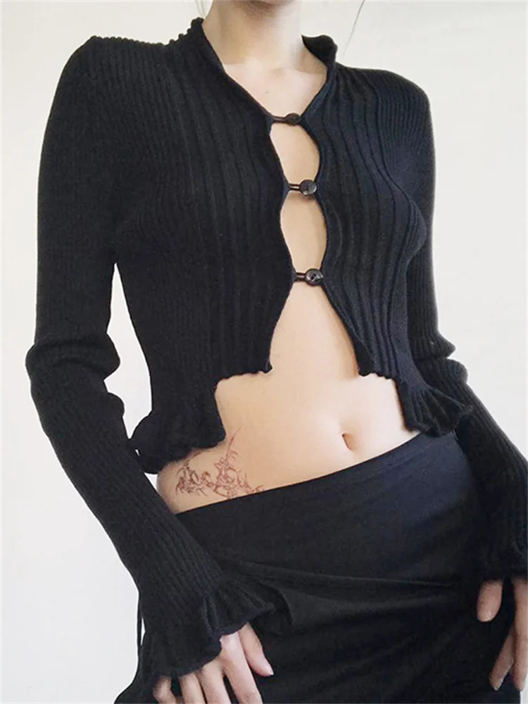 

Винтажные трикотажные футболки CHRONSTYLE Y2K, укороченные топы, однобортные приталенные кардиганы в стиле ретро с оборками на подоле, шикарные ж...