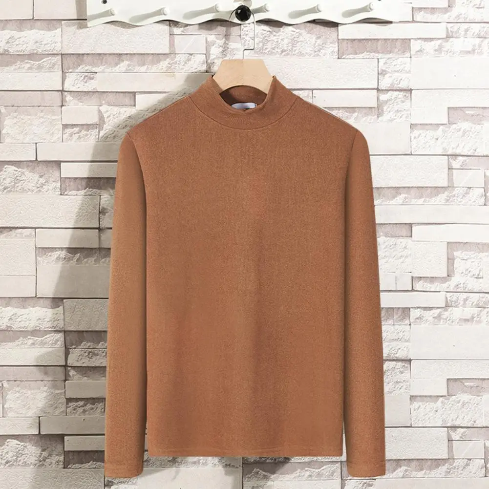 

Winter Base Top Turtleneck Solid Color Long Sleeves Knitted Pullover Warm Double Collar Elastic Men Base T-shirt for Daily Wear
