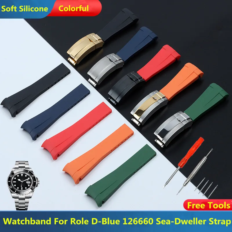 

22mm Curved End Soft Silicone Rubber Watchband For Role Strap D-Blue 126660 Sea-Dweller Bracelet Watch Band Folding Buckle