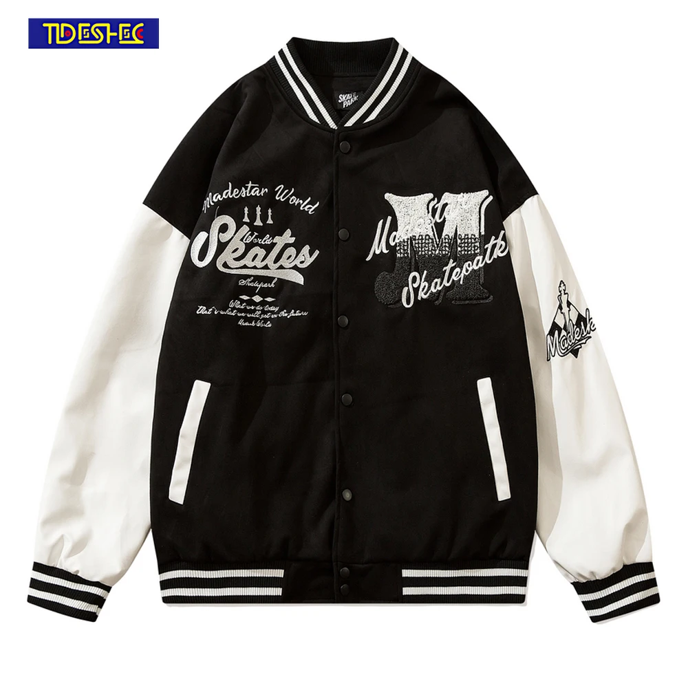 

2022 Winter Bomber Jacket Men Embroidered Letters Suede Short Jacket Color Stitching PU Street Vibe Hip Hop Streetwear Jacket