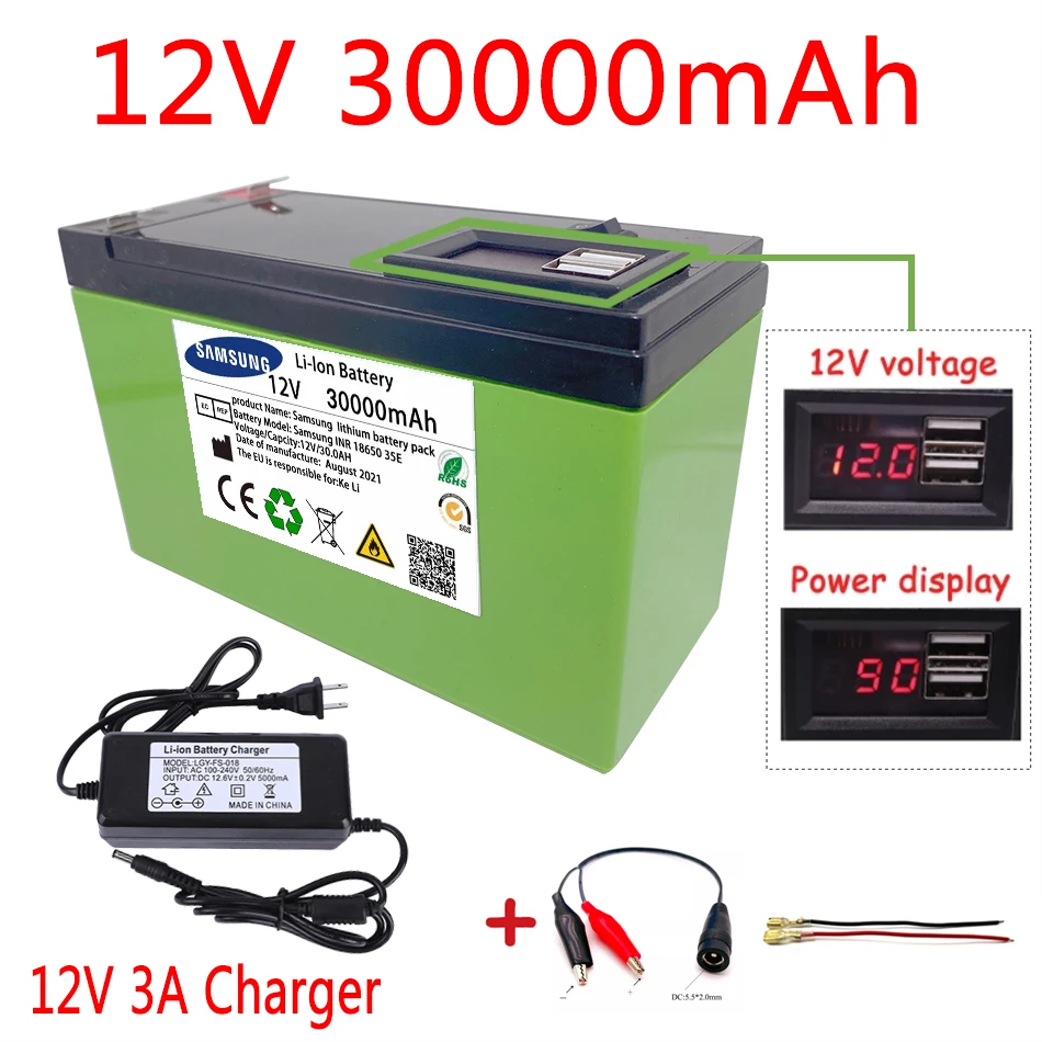 

New power display 12V30Ah 18650 lithium battery pack is suitable for solar energy and electric vehicle battery + 12.6V3A charger