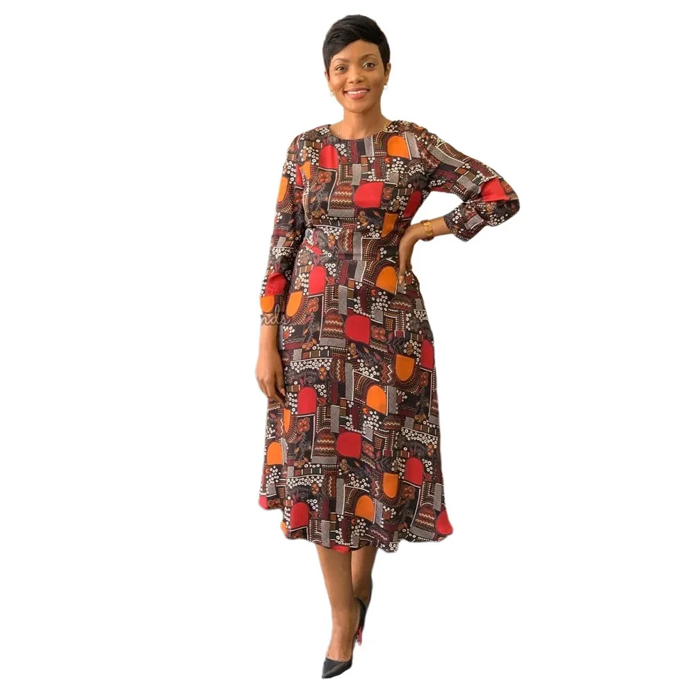 

African Clothes Autumn Elegant African Women Long Sleeve O-neck Polyester Printing Knee-length Dress African Dresses for Women
