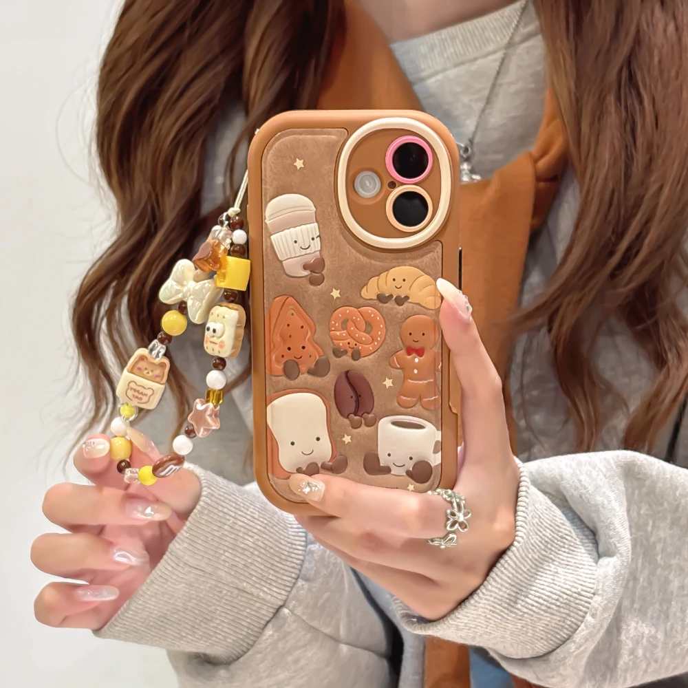 3D Circular Cortex Leather Gingerbread Man Pattern With Bracelet Phone Case For iPhone 13 14 15 16 pro max Shockproof Back Cover