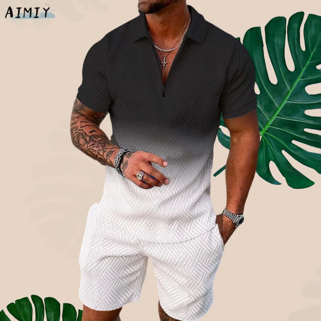 Men's Summer Tracksuit Fashion Turn Down Collar Zipper Polo Shirt+Shorts Sports Jogging Suit Casual Stylish Sweatersuit Set Top