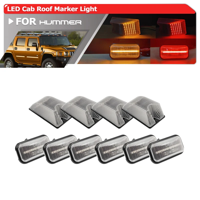 

10x Clear Lens Amber Red Led Cab Roof Marker Light Kits For Hummer H2 2003 2004 2005 2006 2007 2008 2009