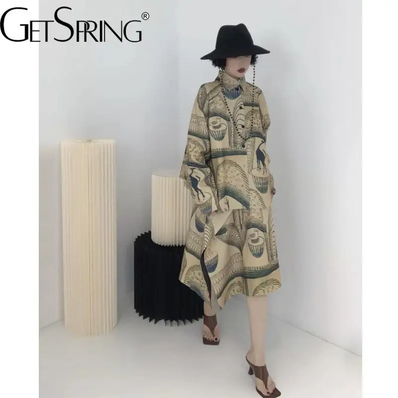 

GetSpring, женские комплекты с юбкой, осень 2022, темпераментная Свободная Женская рубашка с принтом в стиле ретро, модная длинная юбка, комплект и...