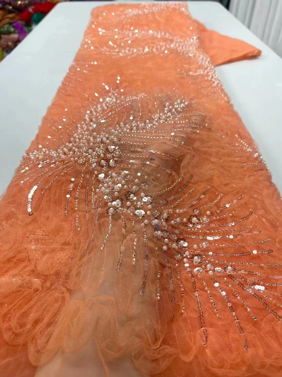 

Orange Luxury African Heavy Bead Lace Fabric 2023 High Quality Nigerian Sequins French Tulle Fabric Material For Wedding Party