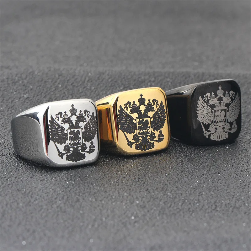 

Vintage Russian Black Laser Double-Headed Eagle Pattern Ring Popular Personality Men's Badge Stainless Steel Jewelry Wholesale