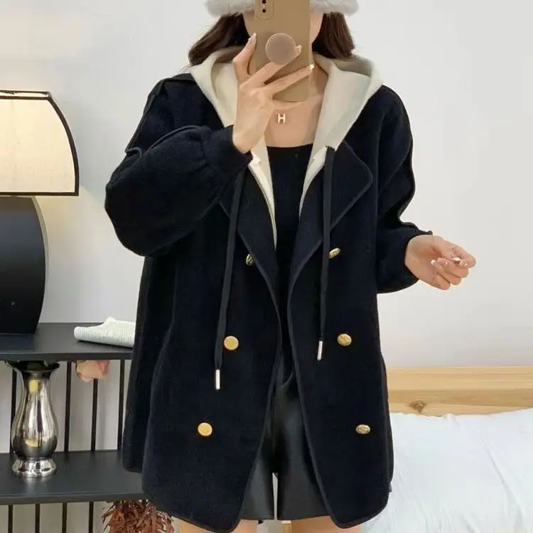 

Hooded Imitation Woolen Coat Women's Autumn New Knitted Panel Design Feeling Imitation Double sided Woolen fashion top