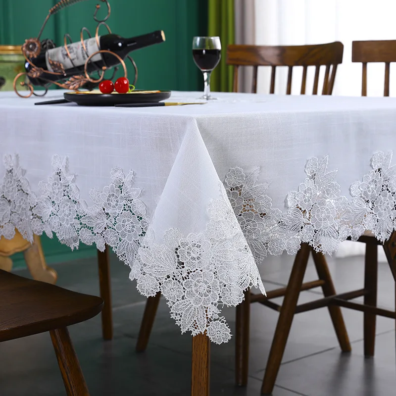 Table Cover White Linen Cotton Tablecloth Rectangular Flower American Fabric Nordic Tv Cabinet Table Cloth Lace Pattern Modern